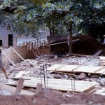 Demolition work commenced in 1974. The area shown above is where an open crocodile exhibit with pool was to be constructed, at one end of the main reptile building. We were careful to preserve as many shade-giving trees as possible. The new ape building can be seen in the background. June 1974.